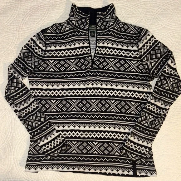 Ralph Lauren Fair Isle Black and White Quarter Zip Petite Large - Picture 4 of 7